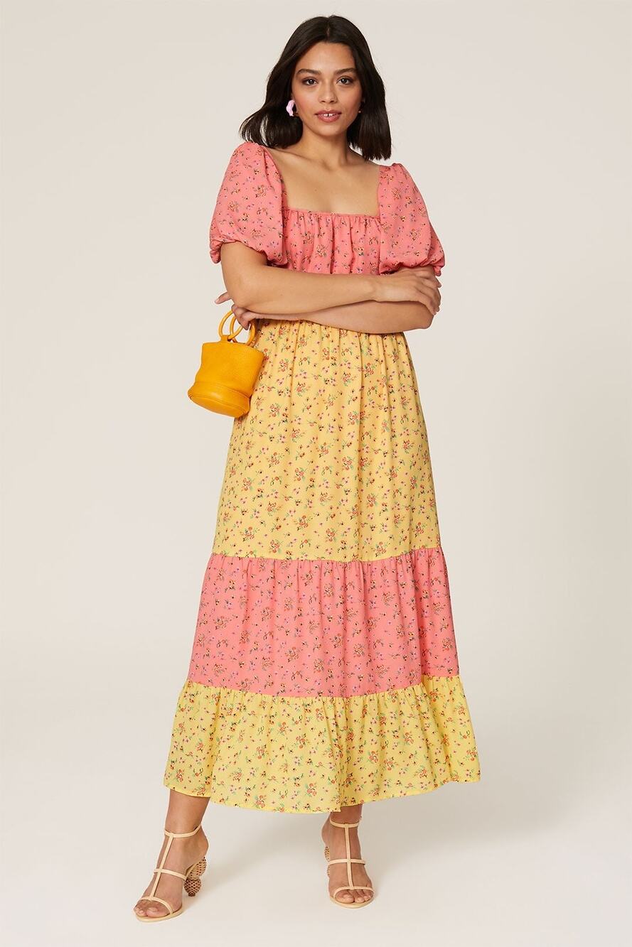 COLOR ME COURTNEY Yellow Pink Ditsy Flower Printed Cece Maxi Dress Size 2